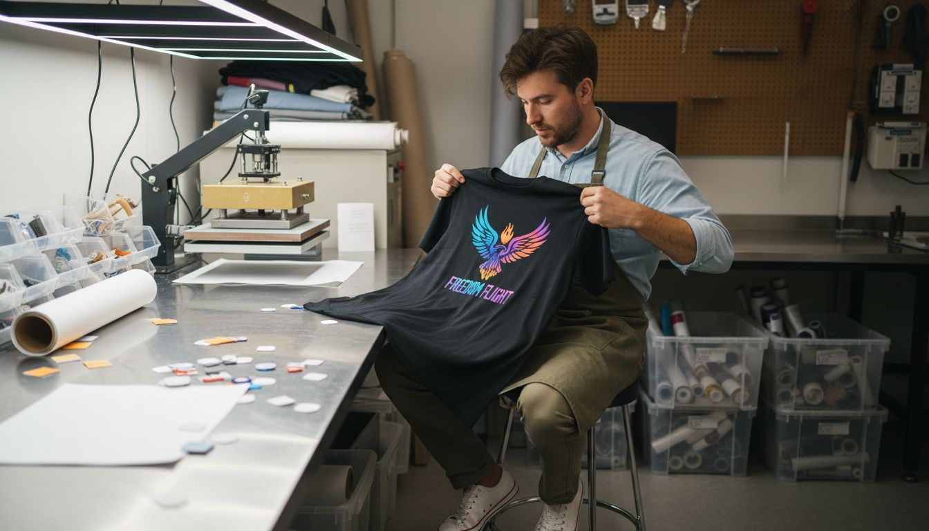 Technician inspecting DTF garment in studio