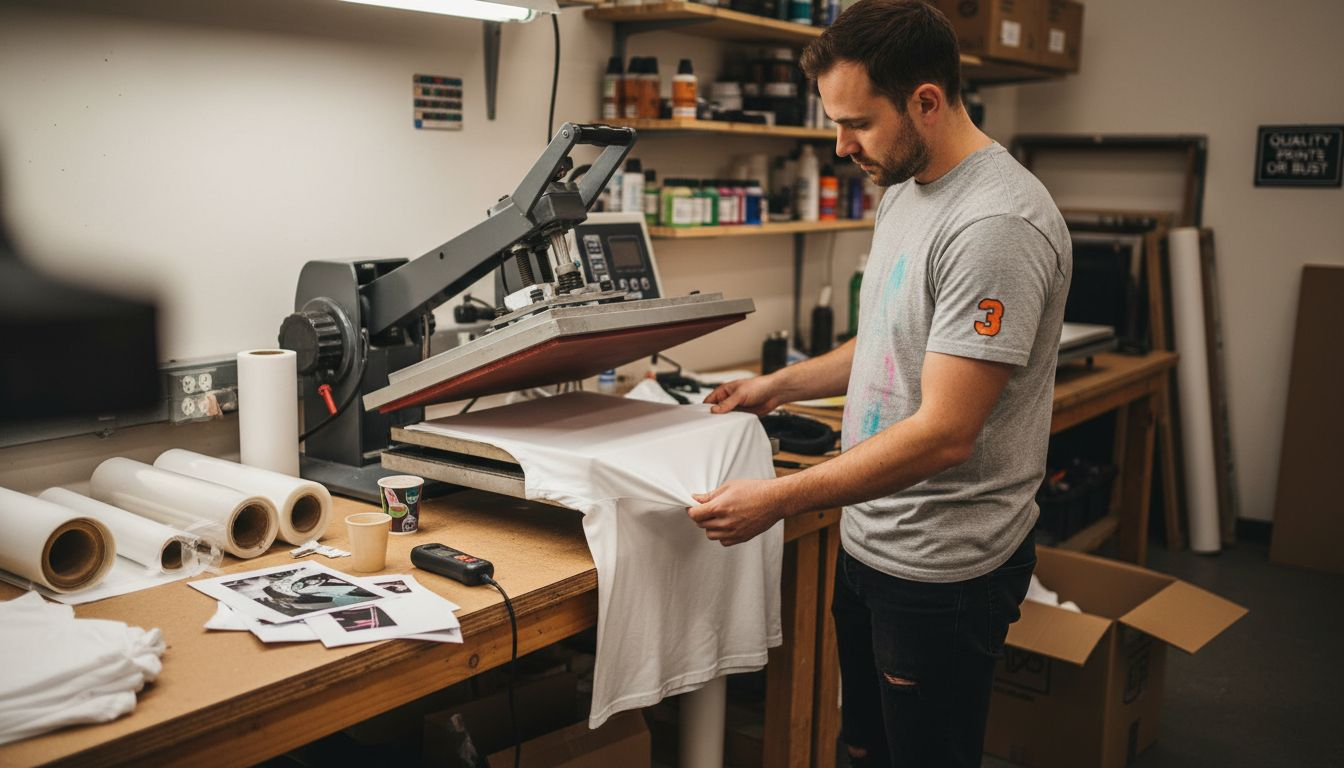 DTF print technician inspecting fresh transfer