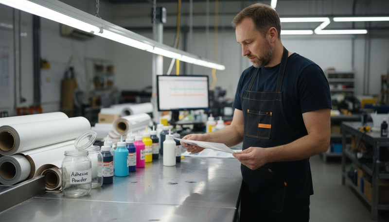 Technician inspects DTF print sheet in workshop