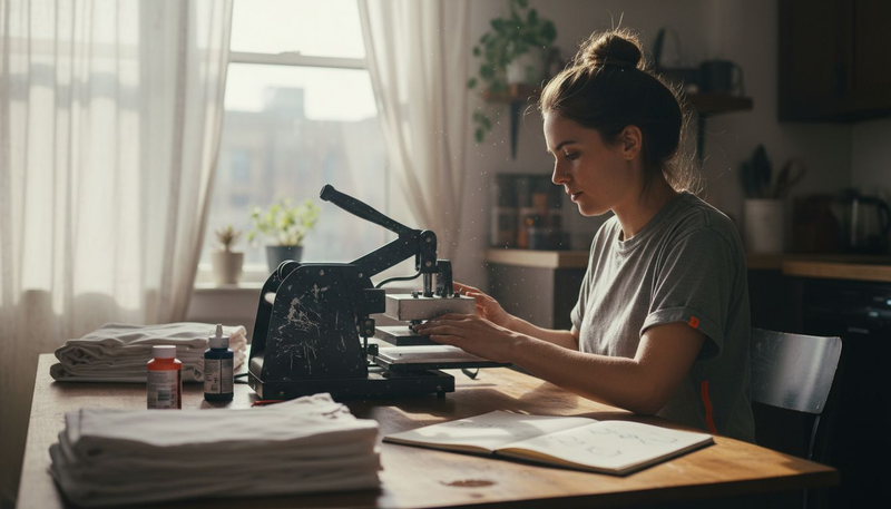 Woman printing shirts in home workspace