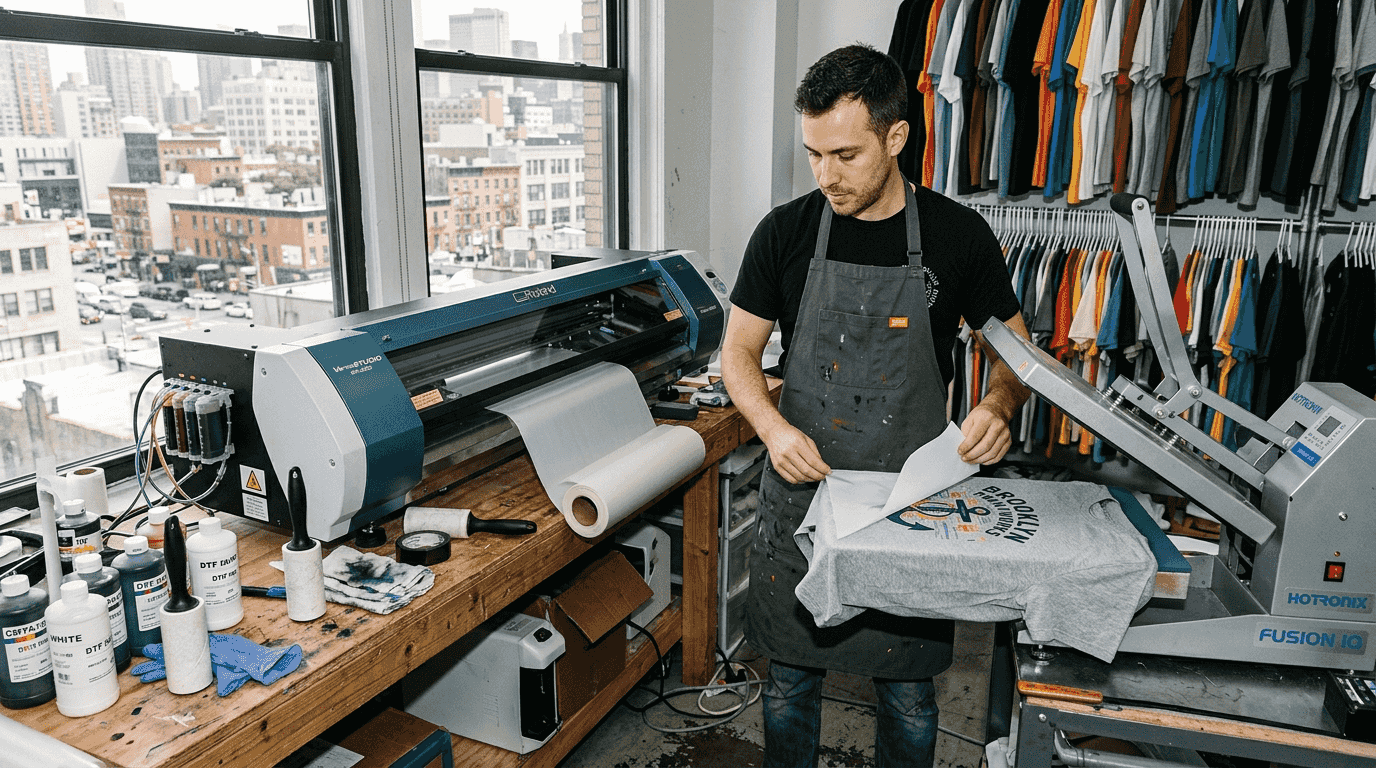 Print technician working with DTF printer in studio
