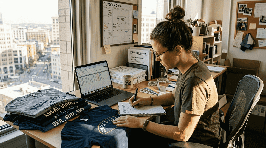 Small business owner reviewing t-shirt samples