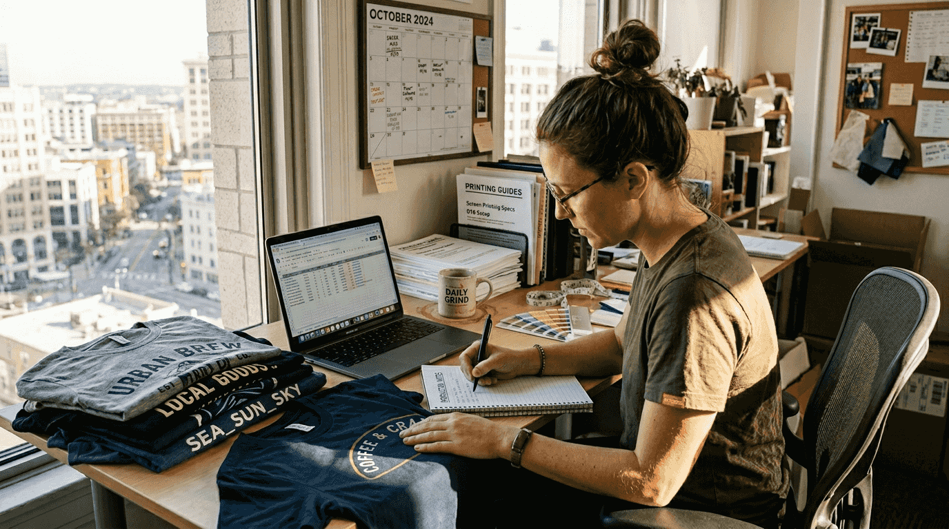 Small business owner reviewing t-shirt samples