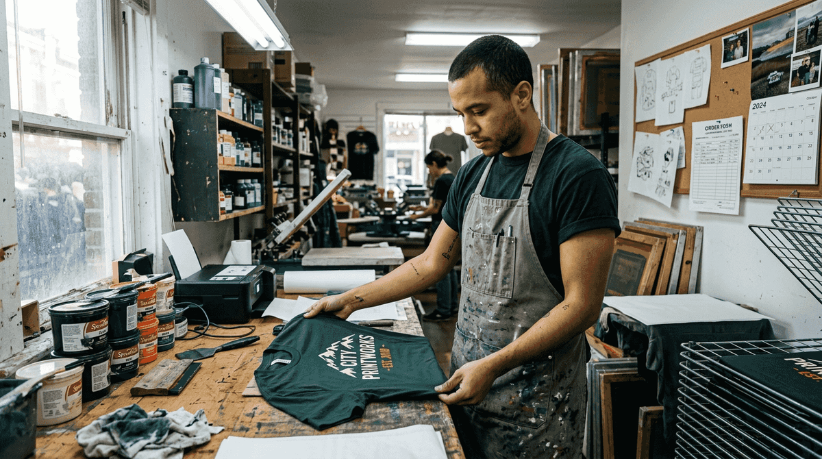 Small business owner printing custom shirt
