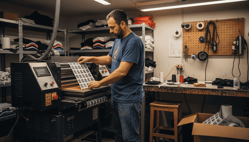 Technician working at apparel transfer printing station