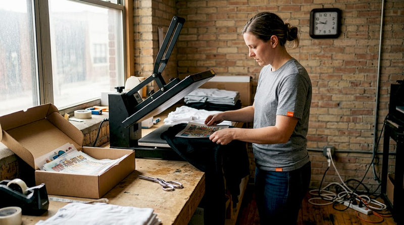 Woman working with DTF heat press workspace
