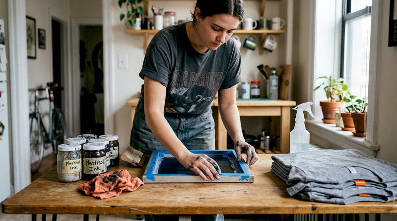 Apparel designer prepping home screen printing workspace
