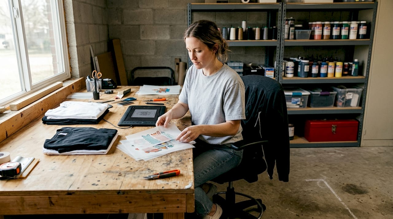 Designer preparing DTF materials in sunlit workspace