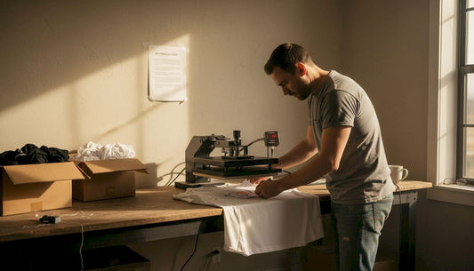 Man preparing DTF transfer in bright studio
