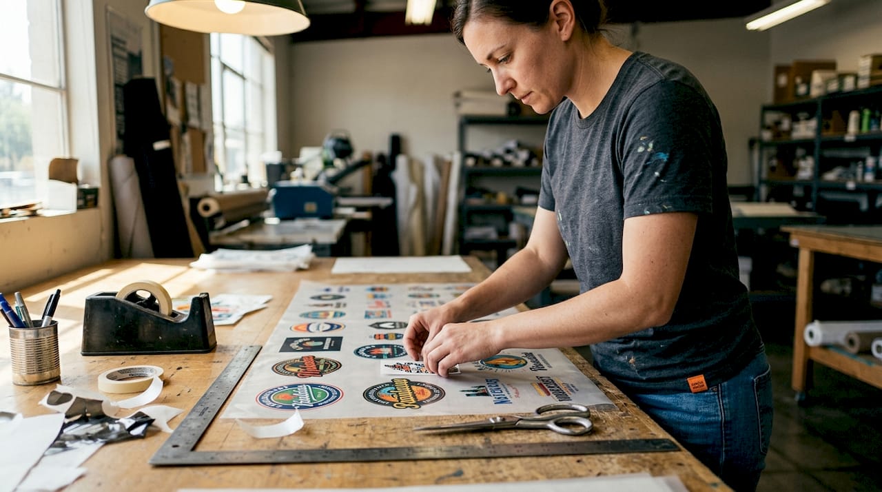 Technician arranging designs on DTF gang sheet