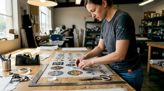 Technician arranging designs on DTF gang sheet