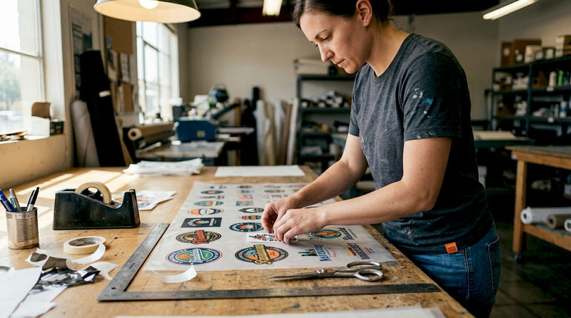 Technician arranging designs on DTF gang sheet