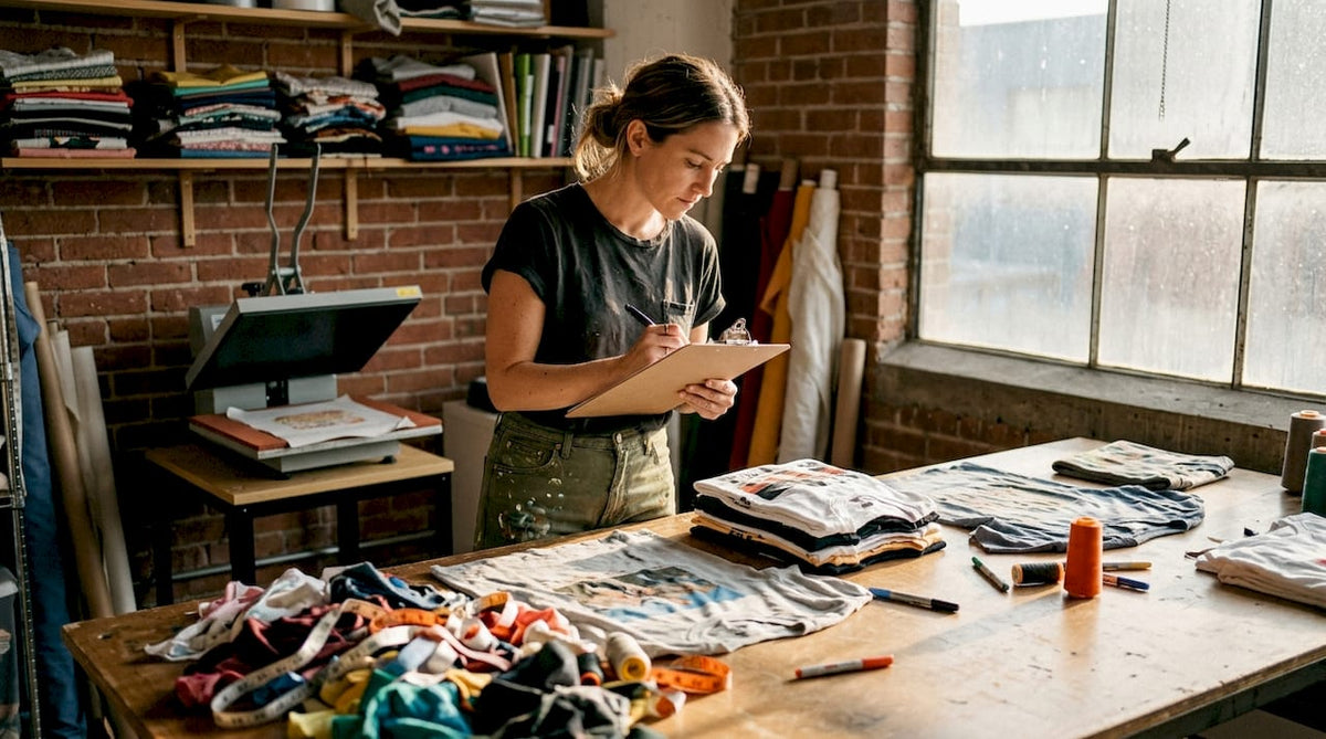Designer reviewing printed t-shirts in studio