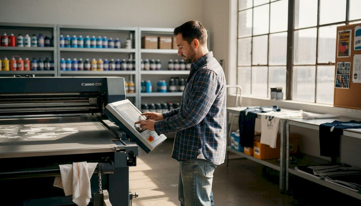 Print technician at garment printing studio