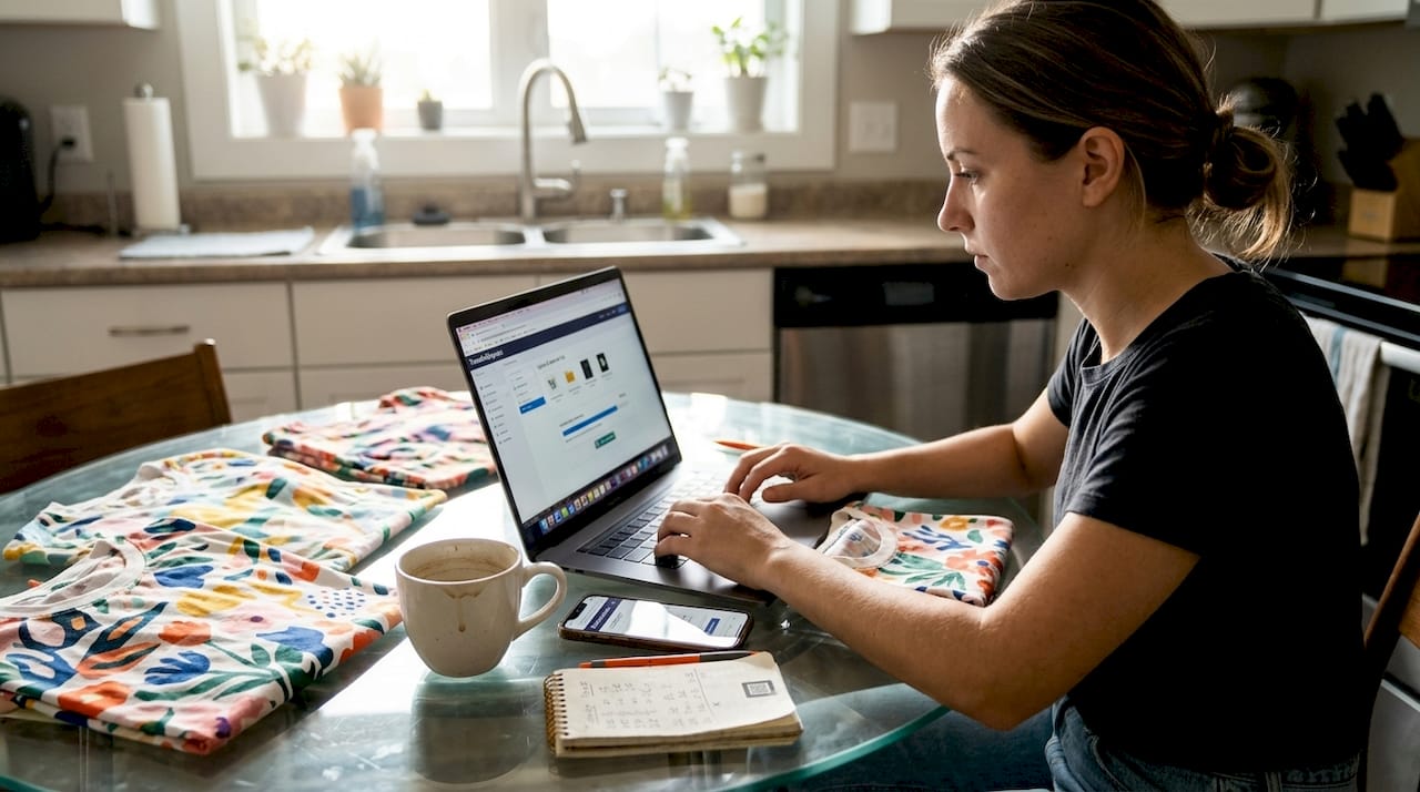 Apparel entrepreneur managing DTF outsourcing at home