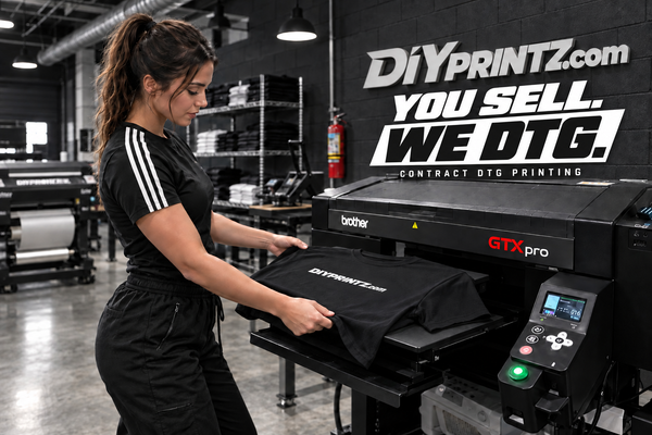 DTG printer producing a full-color design on a cotton shirt at DIY Printz