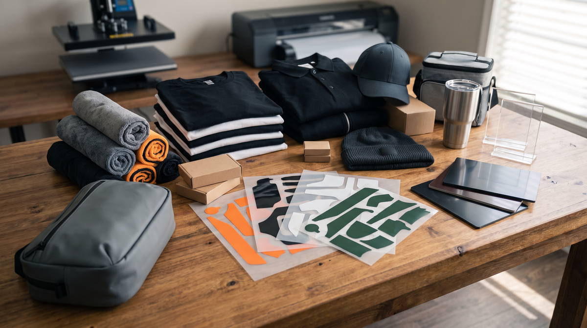 Auto detailer and car club event kit with blank shirts polo hoodie cap bags cooler microfiber towels tumbler acrylic sign and DTF UV transfer sheets