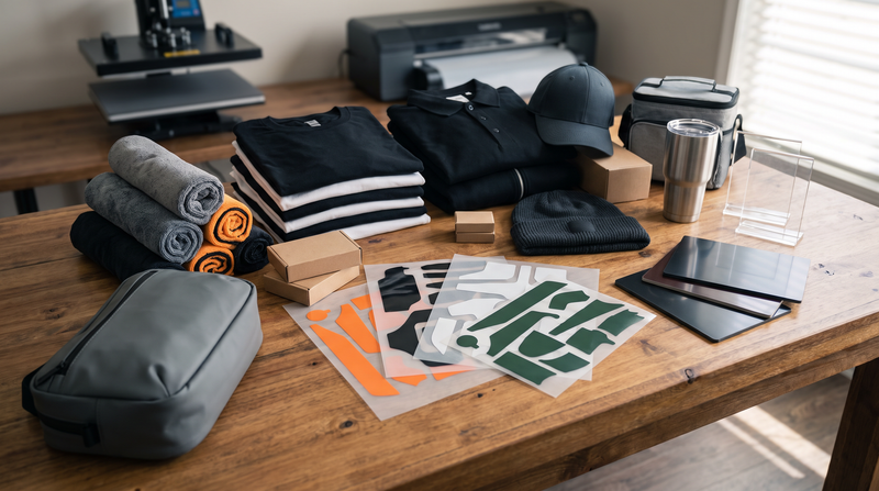 Auto detailer and car club event kit with blank shirts polo hoodie cap bags cooler microfiber towels tumbler acrylic sign and DTF UV transfer sheets