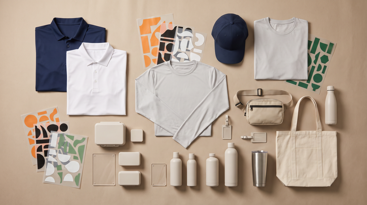 Boat crew and marina staff kit with blank polos sun shirt cap bags bottles tumbler acrylic dock signs tags boxes and DTF UV transfer sheets