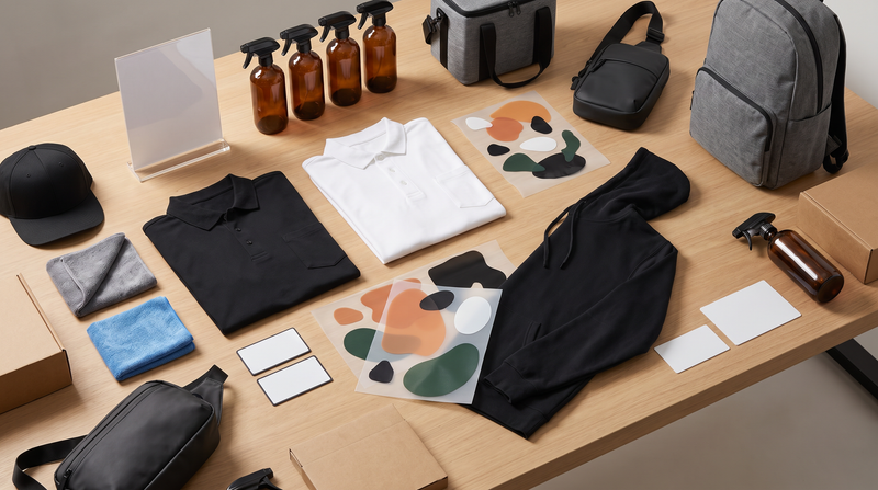 Cleaning company staff kit with blank polos tees hoodie cap bags spray bottles acrylic sign packaging and DTF UV transfer sheets