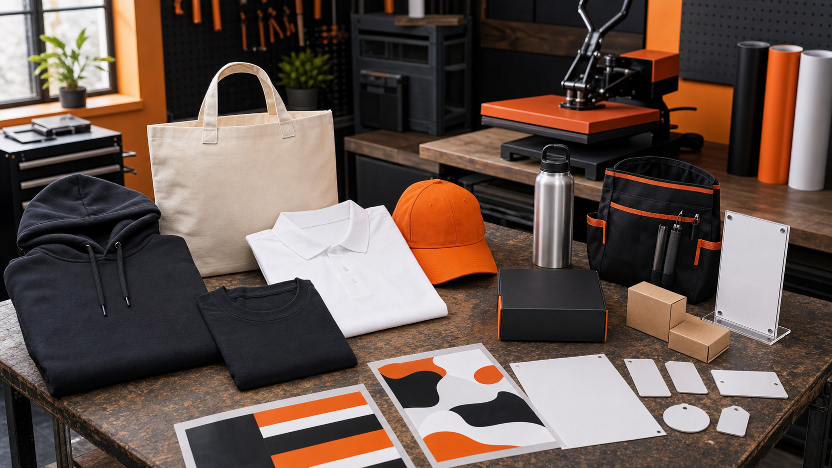 Photorealistic DIY Printz contractor jobsite kit with blank workwear cap tool pouch bottle acrylic blanks boxes and transfer sheets