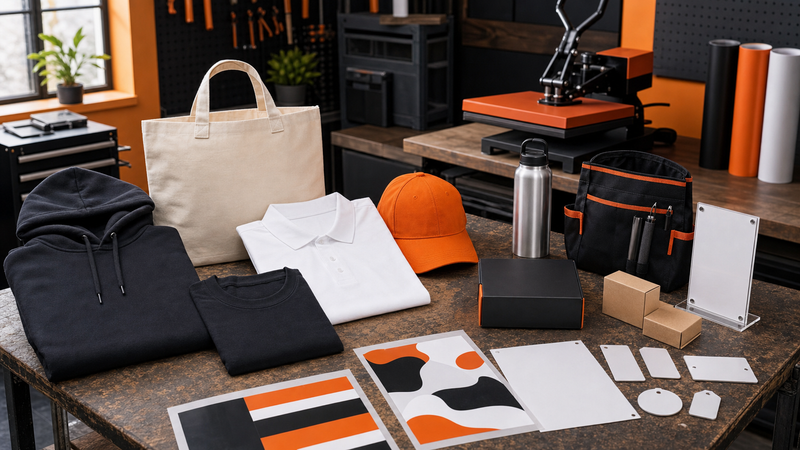 Photorealistic DIY Printz contractor jobsite kit with blank workwear cap tool pouch bottle acrylic blanks boxes and transfer sheets