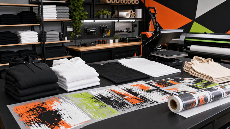DIY Printz same day DTF transfer setup with blank apparel and brand color gang sheets