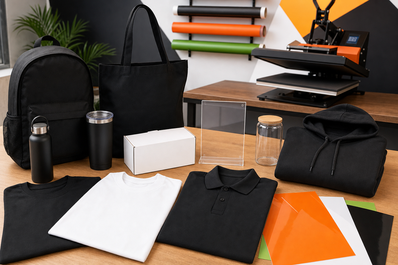 Blank shirts polo hoodie cap tote backpack tumbler bottle acrylic sign box and jar arranged for an employee welcome kit with DTF and UV transfers