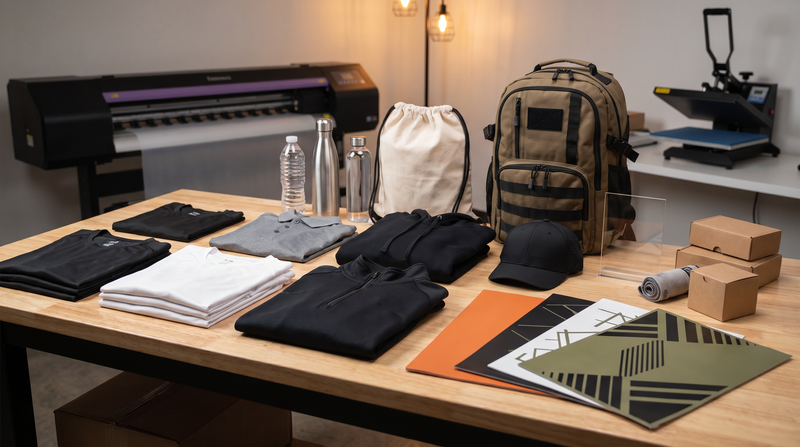Fitness studio and personal trainer kit with blank performance shirts hoodie cap backpack water bottles acrylic sign boxes and DTF UV transfer sheets in a DIY Printz shop