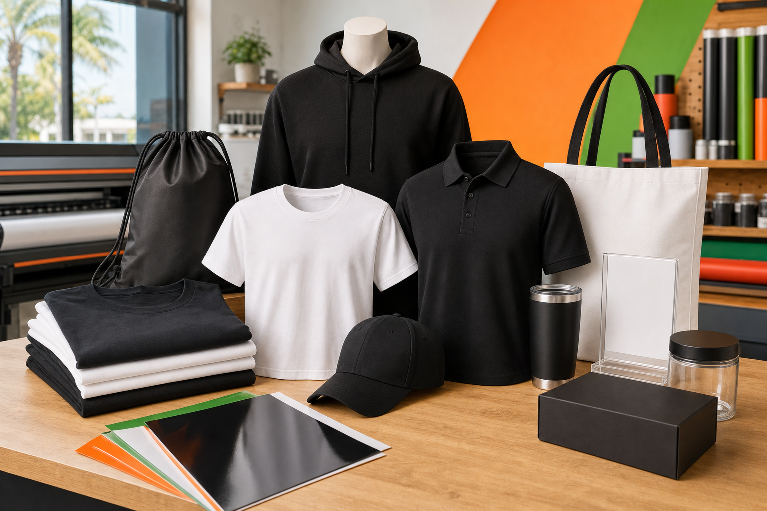 Blank shirts polo hoodie cap bags tumbler acrylic sign box and jar arranged as a grand opening DTF and UV transfer kit