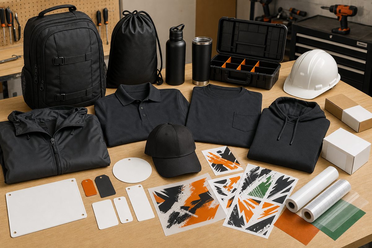 HVAC and electrical contractor jobsite kit with blank work polos caps jackets bags bottles hard hat tool tags labels signs and DTF UV transfer sheets