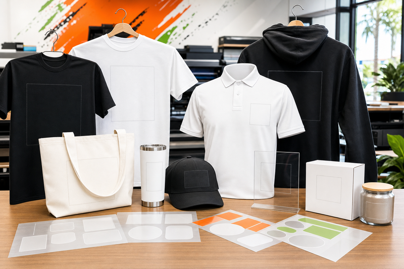 Blank shirts hoodie polo bag cap tumbler acrylic box and jar showing DTF and UV transfer placement zones