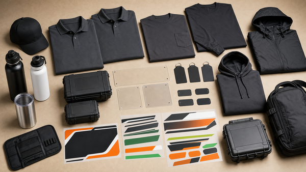 Mobile mechanic and roadside assistance kit with blank work polos cap jacket hoodie bottles tumbler tool cases tags signs labels and DTF UV transfer sheets