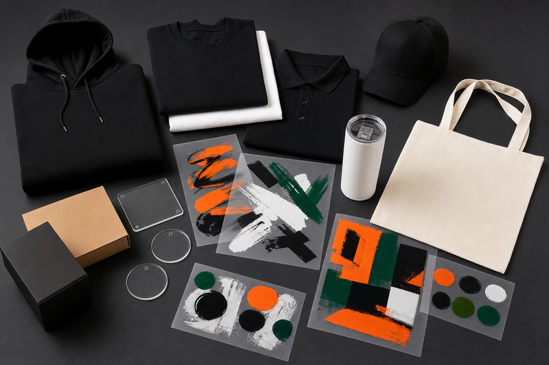 Blank apparel bags drinkware boxes and transfer sheets for a DTF and UV transfer brand kit