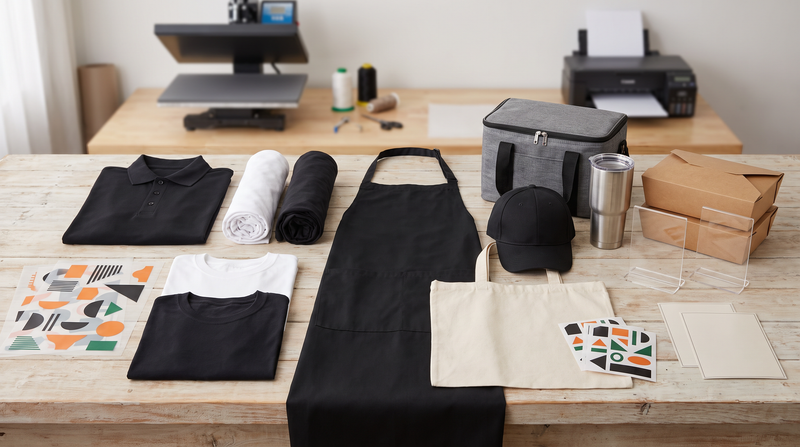 Restaurant and food truck staff kit with blank polo shirts apron cap tote cooler tumbler takeout boxes acrylic signs and DTF UV transfer sheets