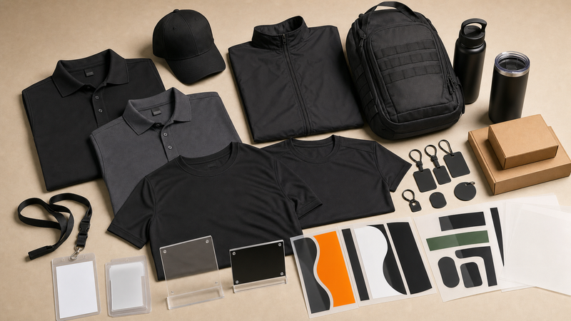 Security company and event staff kit with blank polos cap jacket backpack badges signs bottles tumbler boxes equipment tags and DTF UV transfer sheets