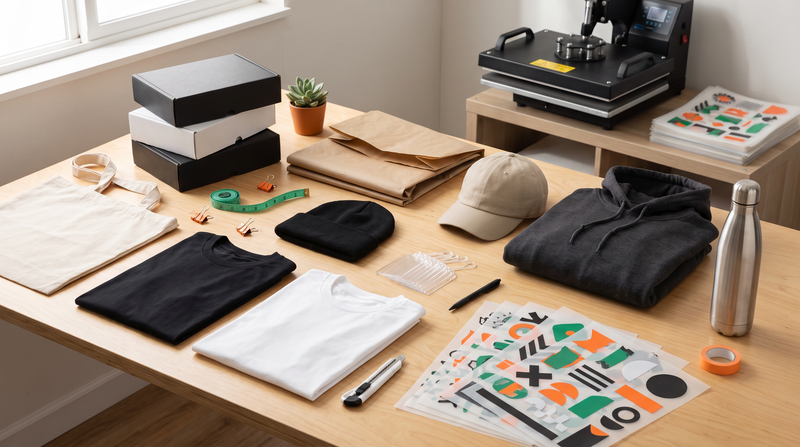 Boutique and streetwear drop kit with blank shirts hoodie cap beanie tote packaging tumbler and DTF UV transfer sheets in a DIY Printz style shop