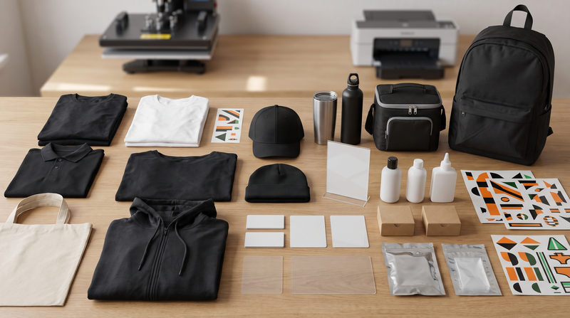Tattoo and piercing studio kit with blank shirts polo hoodie cap bags bottles acrylic sign aftercare packaging and DTF UV transfer sheets