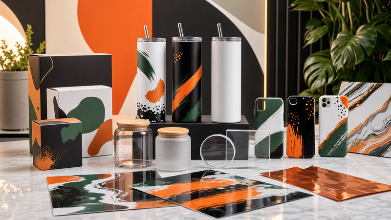 DIY Printz UV transfer display with tumblers jars packaging and acrylic blanks in brand colors