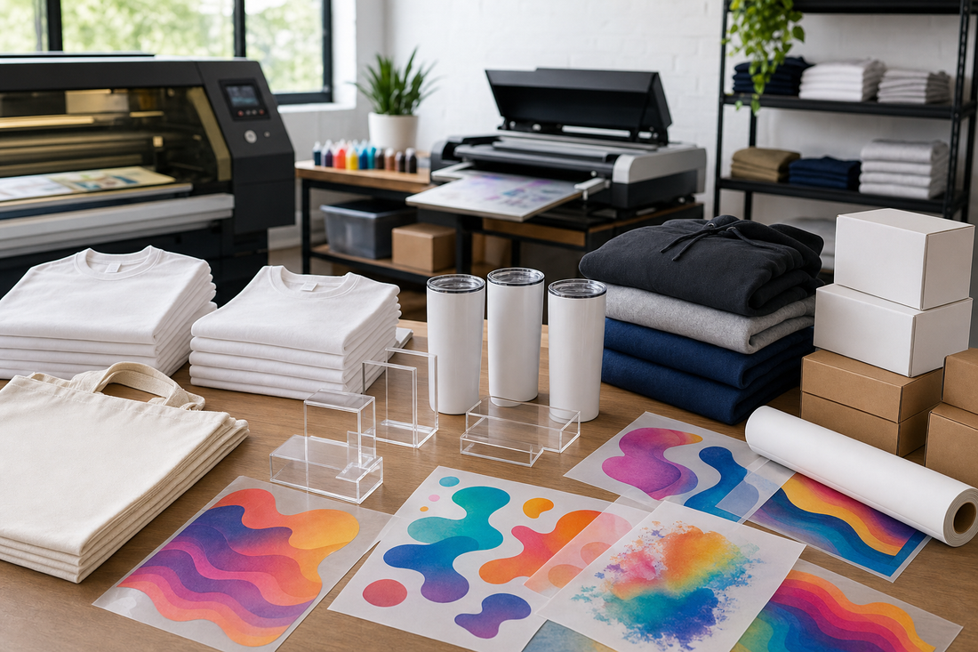 Pop-up vendor merch setup with DTF apparel and UV transfer product blanks