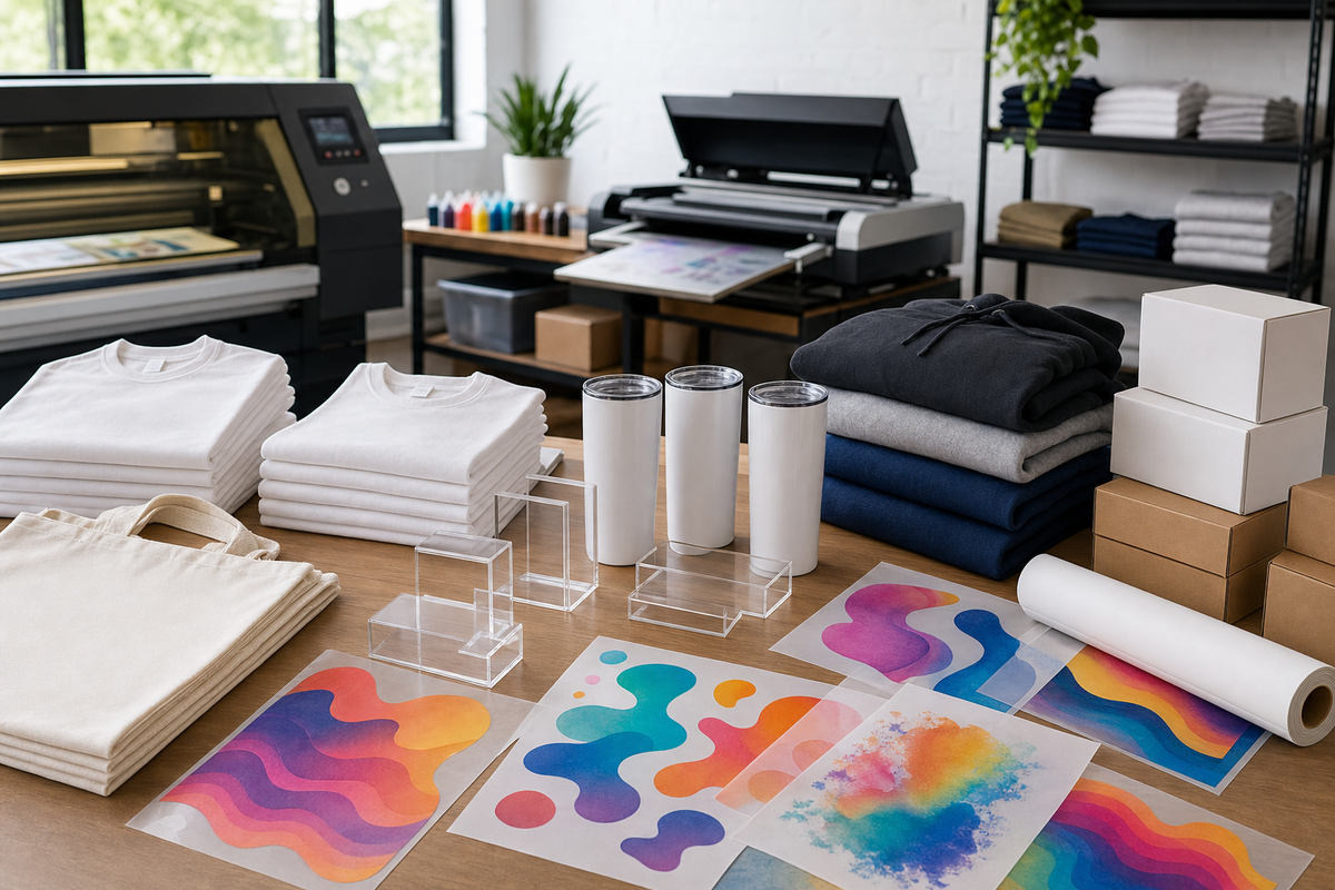 Pop-up vendor merch setup with DTF apparel and UV transfer product blanks