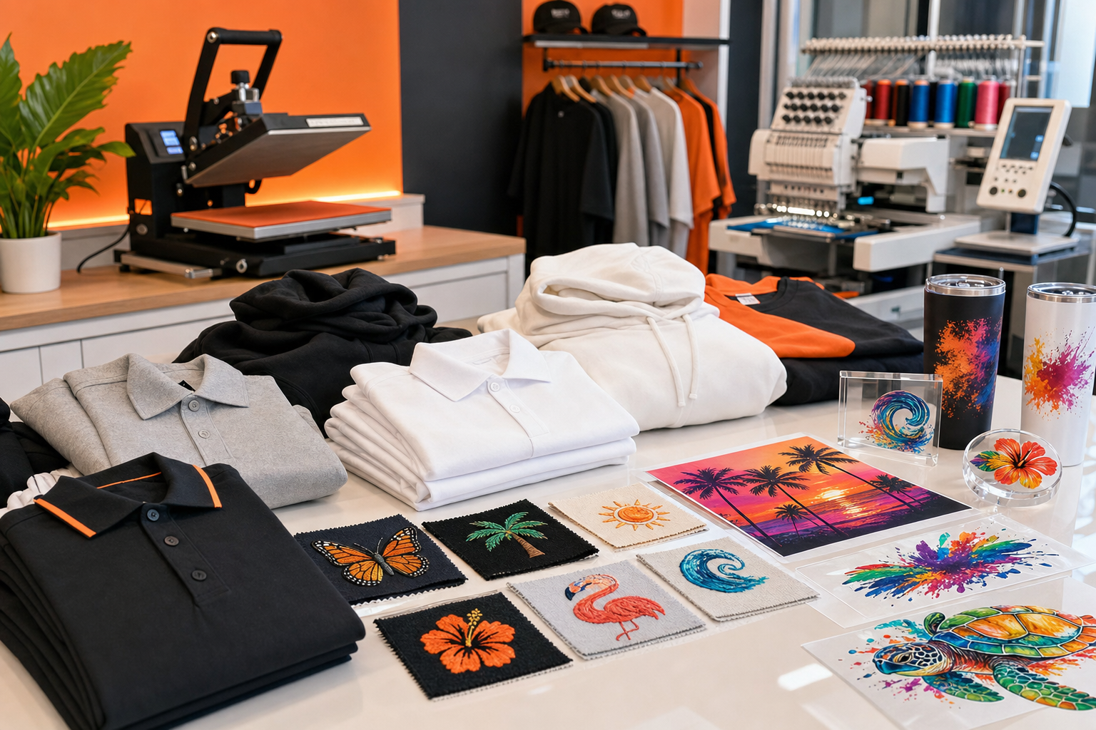 Embroidery shop worktable with DTF transfers UV transfers polos hoodies tumblers and acrylic blanks