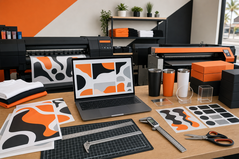Print ready artwork checklist for DTF transfers and UV transfers with laptop gang sheets blanks and measuring tools