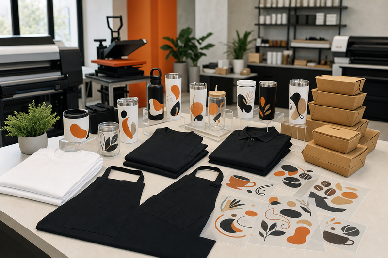 Restaurant and cafe merch bundle with DTF staff apparel UV cups jars packaging and acrylic displays