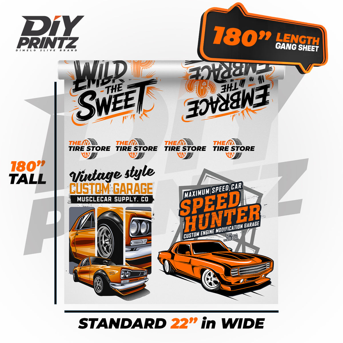 Same Day DTF Transfers gang sheet featuring vintage car designs and bold graphics, 180" tall and 22" wide.