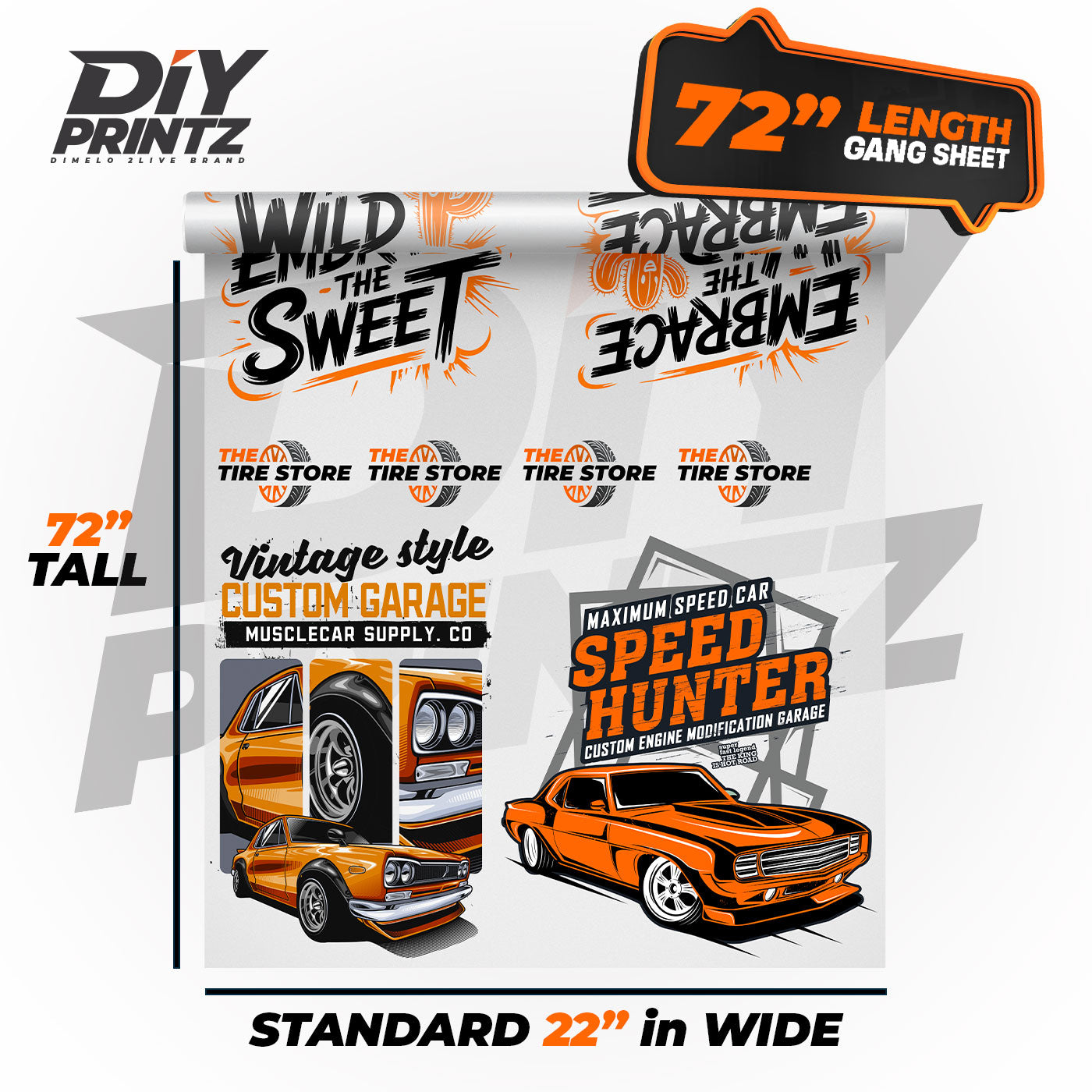 Same Day DTF Transfers - 72 inch length gang sheet featuring custom designs for vintage style cars.