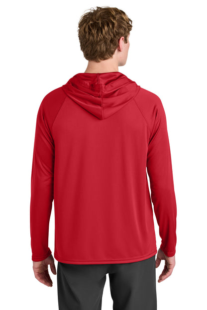 unisex fit a4 cooling performance hooded long sleeve tee on male model – diy printz