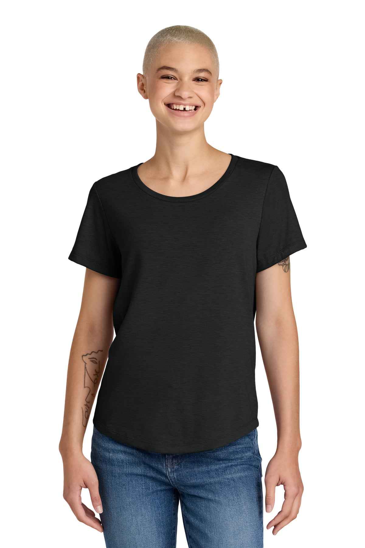 smiling model wearing allmade womens relaxed tri blend scoop neck tee al2015 – diy printz