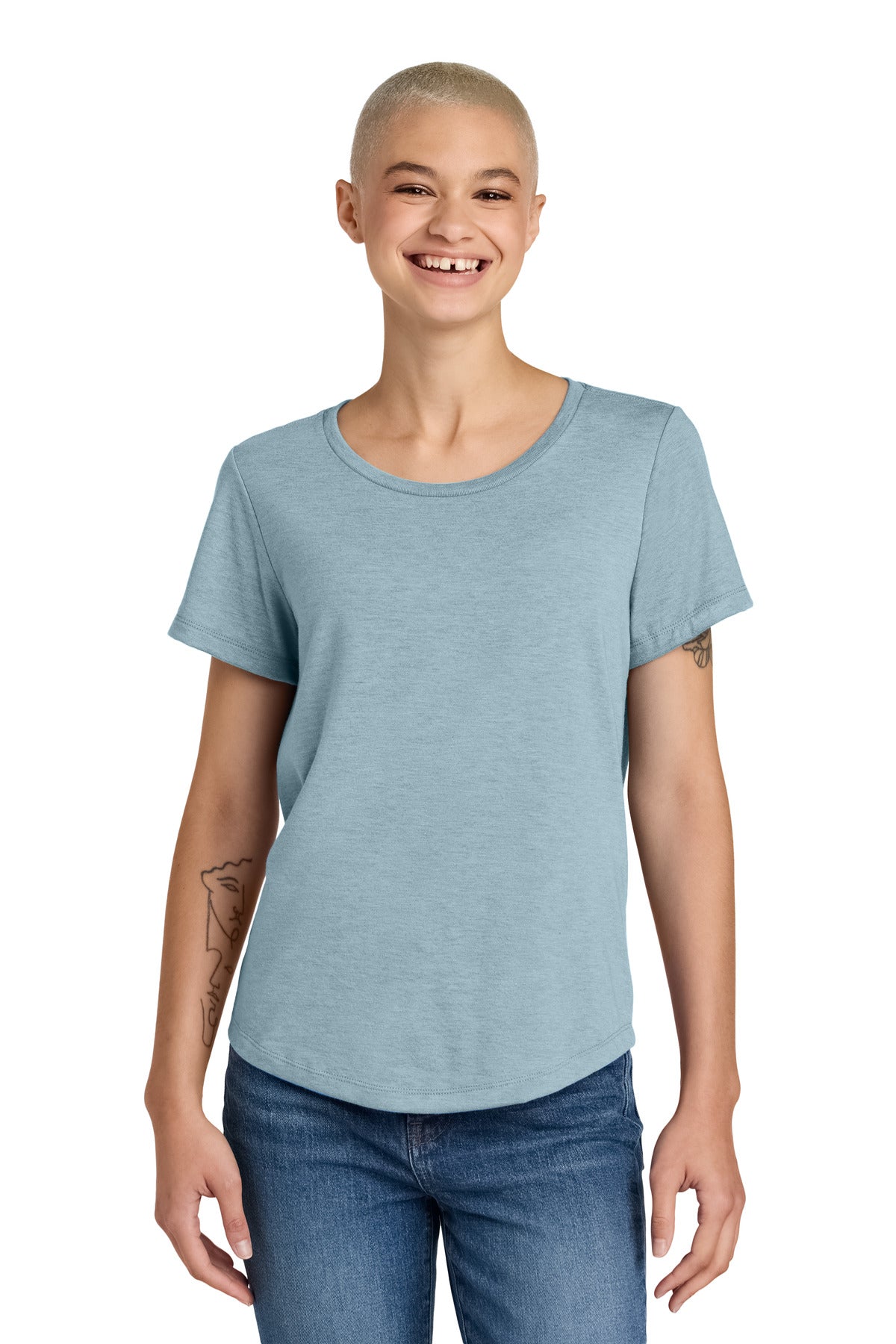 model wearing allmade womens relaxed tri blend scoop neck tee casual outfit – diy printz