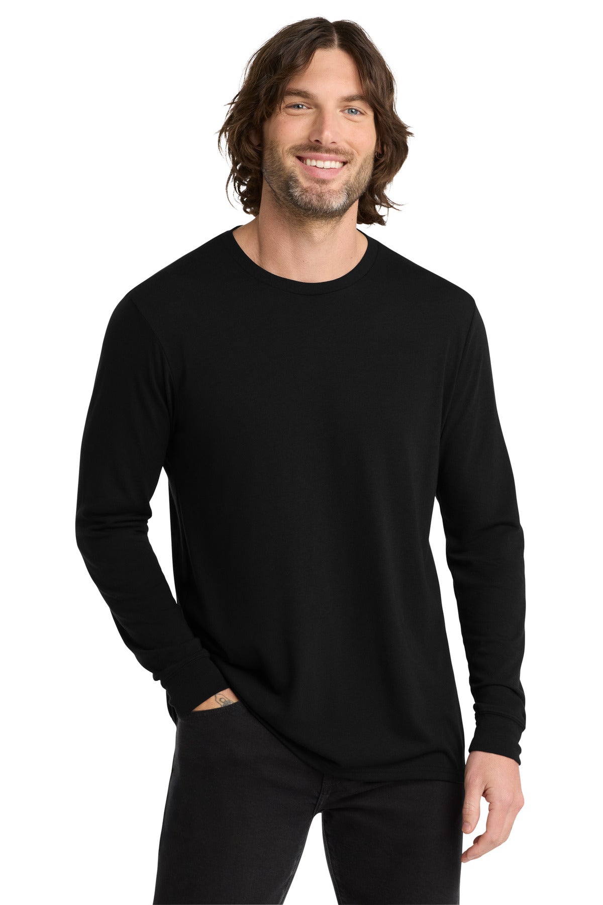 Blank long sleeve tee on table for premium custom merch printing